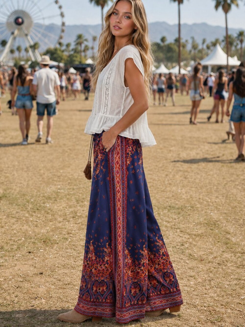 Easel Boho Floral Free Flowy Wide Leg Palazzo Pants Festival Resort Maxi Pants - Picture 3 of 8